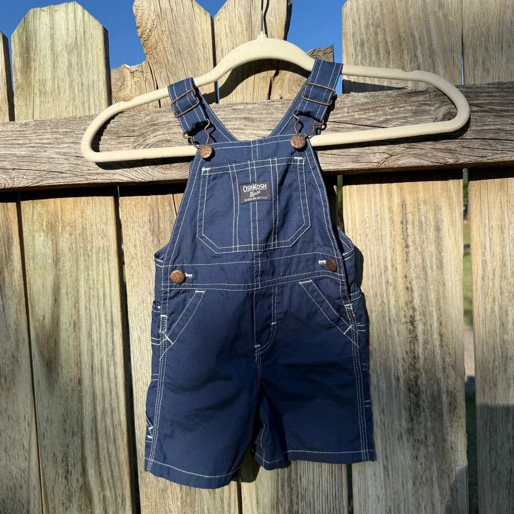Vintage OshKosh B'gosh Made In USA Blue Canvas Overalls Shorts Snap Inseam